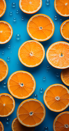 Slices of orange and water drops on blue background, top viewの素材