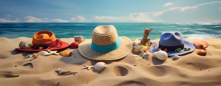 Straw hat on the sand beach with sea and blue sky backgroundの素材
