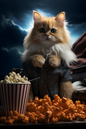 Cute cat with popcorn and a movie ticket on a dark backgroundの素材