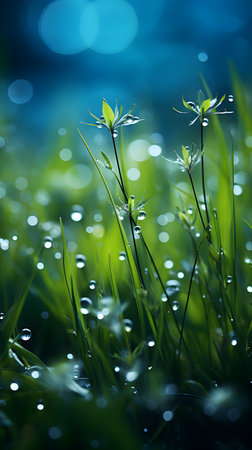 Fresh green grass with dew drops close up. nature background.の素材