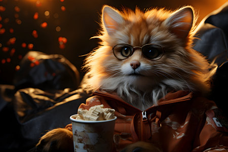 Cute ginger cat in glasses with a cup of hot cocoa on a dark background.の素材