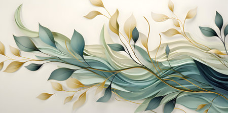 3d illustration, abstract background with green leaves and gold lines.の素材