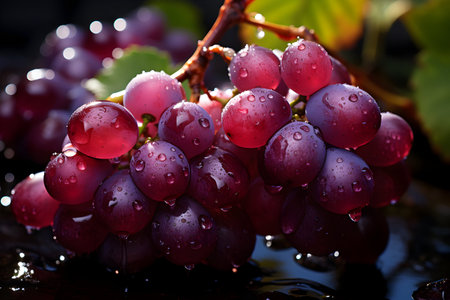 Bunch of red grapes with water drops on a dark background.の素材