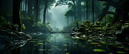 Panoramic view of a foggy forest with a small pondの素材