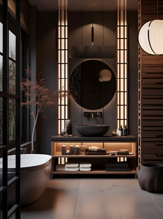Bathroom interior with black walls, tiled floor, comfortable bathtub and round mirror. 3d renderingの素材