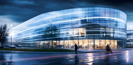 Modern office building at night with people silhouettes. Blurred motion.の素材