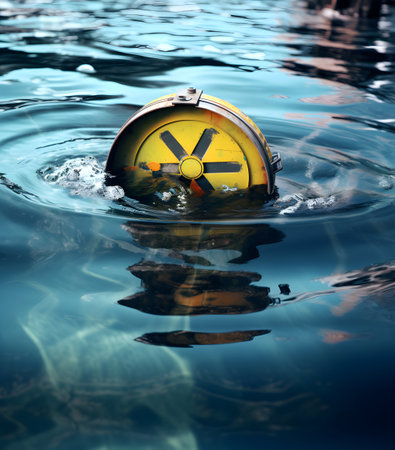 A buoy floating on the surface of the water with a reflection in the waterの素材