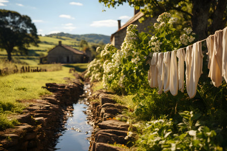 Laundry hanging on a rope in the countryside of Tuscanyの素材