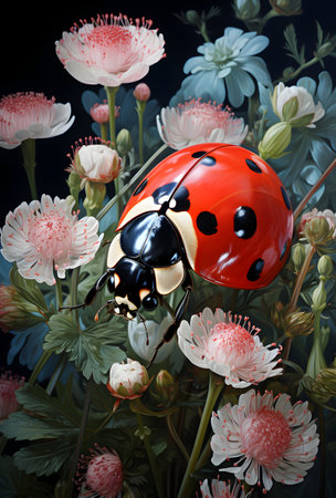 ladybug on flowers. Digital painting. 3d illustration.の素材