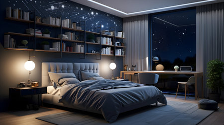 Interior of a modern bedroom. Night. 3D rendering.の素材