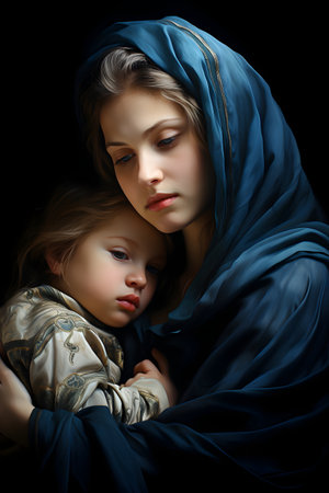 Portrait of a beautiful mother with her daughter on a black background.の素材