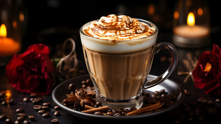 Cappuccino with whipped cream in a glass cup on a dark backgroundの素材