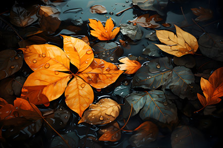 Autumn leaves on dark water. Nature background. Toned.の素材