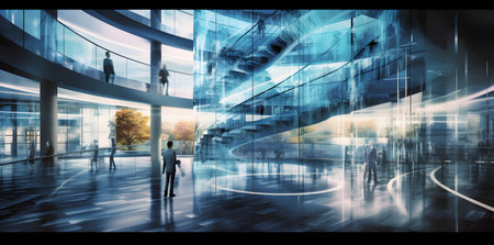 Business people walking in modern office building. 3d rendering double exposureの素材