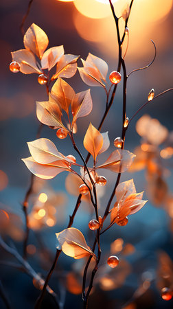 Autumn leaves with drops of water on the background of the setting sunの素材