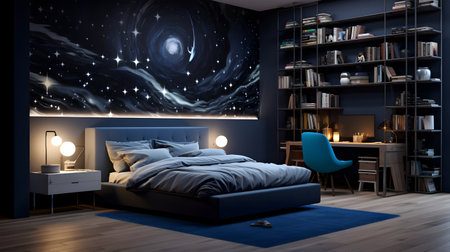 Dark blue bedroom interior with a blue bed and bookshelf. 3d rendering mock upの素材