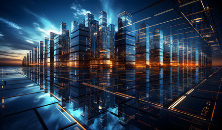3d render of a futuristic city with glass buildings in the eveningの素材