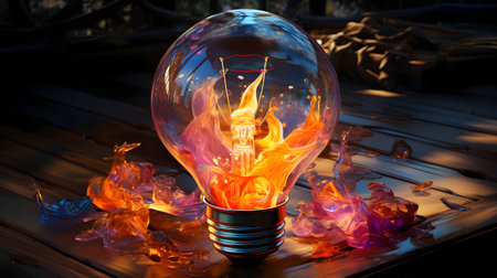 Burning incandescent light bulb on a wooden table in the gardenの素材