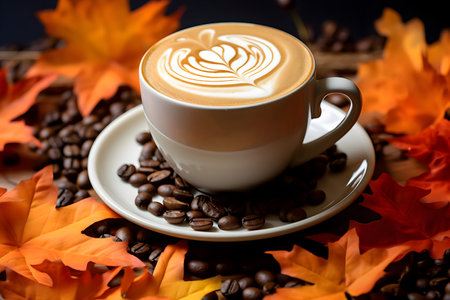 Coffee cup with latte art on autumn leaves background.の素材