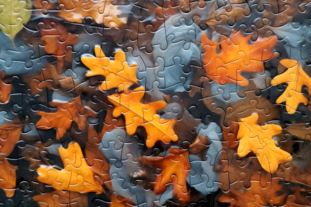 Jigsaw puzzle with orange and brown oak leaves in autumn forest.の素材