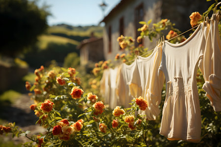 Clothes drying in the sun on the background of an old houseの素材