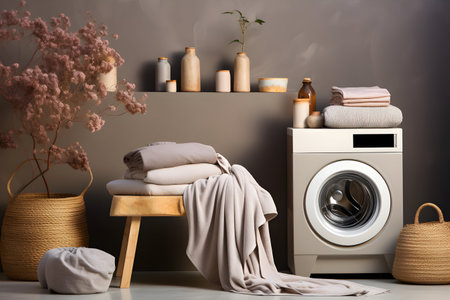 Laundry room interior with washing machine, wicker basket and clothesの素材