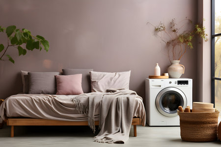 Laundry room interior with washing machine and basket of dried flowersの素材