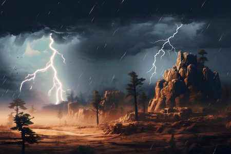 Fantasy landscape with lightning and thunderstorm. 3d illustration.の素材