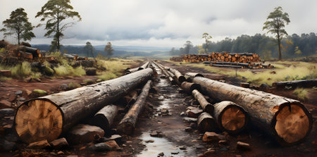 Logs on the road in the forest with misty background.の素材