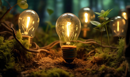 Idea concept. Light bulbs on moss background. Creative artwork decoration. Selective focusの素材