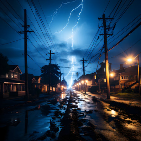 Lightning strikes the street of a small town at night. Stormy weather.の素材