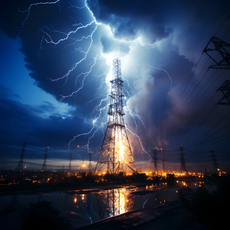 Electricity pylons and power lines at night with lightning strikeの素材