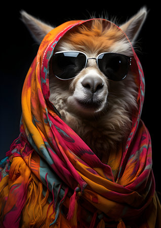 Portrait of cute alpaca wearing sunglasses and scarf on black backgroundの素材