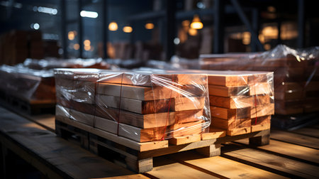 Wooden pallets in warehouse at night, freight transportation and distribution warehouseの素材
