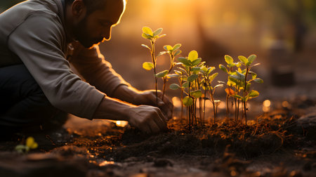 Young man planting tree in the garden at sunset time, Save the world concept.の素材