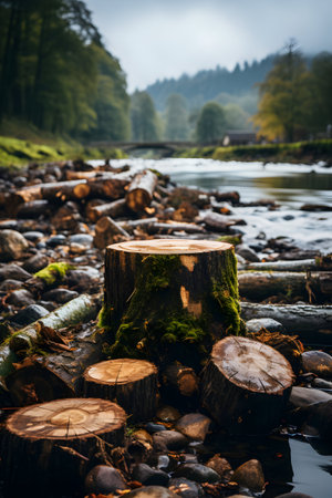 Stump on the bank of a mountain river with a forest in the backgroundの素材