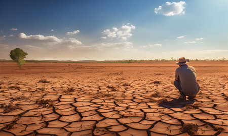 Man in the desert with dry cracked soil. Global warming concept.の素材