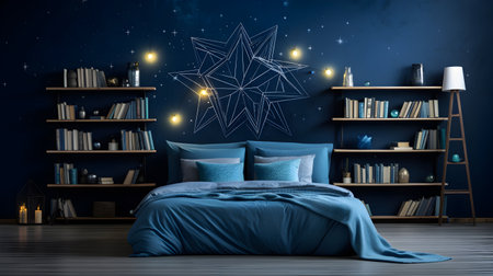 Modern bedroom interior design with blue wall, bookshelf and star. 3D Renderingの素材