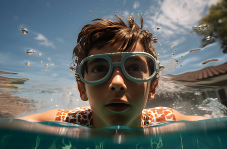 Little boy swimming underwater in a swimming pool. 3d rendering.の素材