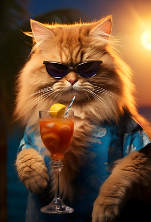 Cute ginger cat in sunglasses with glass of cocktail on the beach.の素材