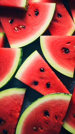 Slices of watermelon on a dark background. Top view.の素材