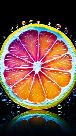 Slices of fresh orange and grapefruit in water drops on black backgroundの素材