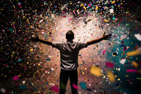 Young man in casual celebrating success with raised hands and confetti flying aroundの素材