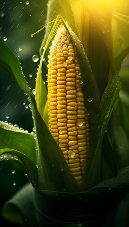 Young corn on the cob with dew drops, close-upの素材