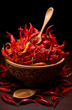 Red hot chili peppers in a wooden bowl on a black background.の素材