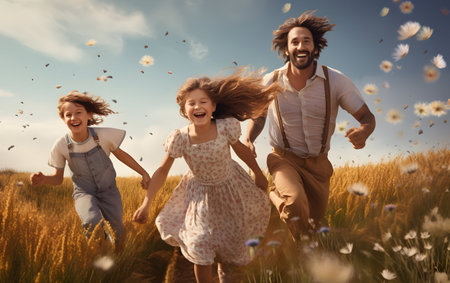 Happy family playing in wheat field. Father, mother and children having fun outdoors.の素材
