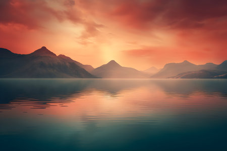 Beautiful seascape with mountains and lake at sunset time.の素材