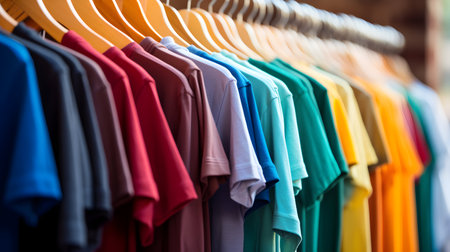 Colorful t-shirts hanging on a clothes rack in a shopの素材