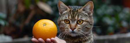 cat holding an orange in his hand and looking at the camera.の素材