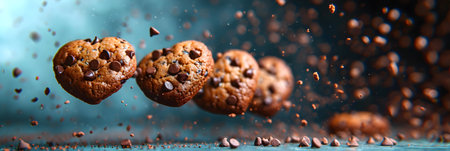 Chocolate chip muffins flying in the air on a blue backgroundの素材